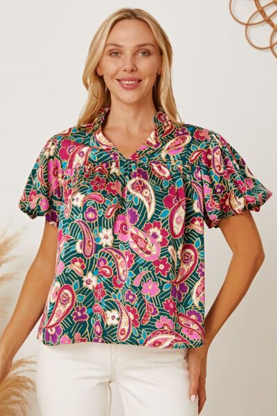 Floral Collared Neck Short Sleeve Blouse-JazziAnn 