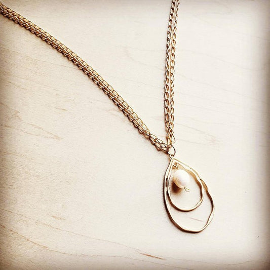 Matte Gold Necklace w/ Double Hoop Pearl Pendant-JazziAnn 