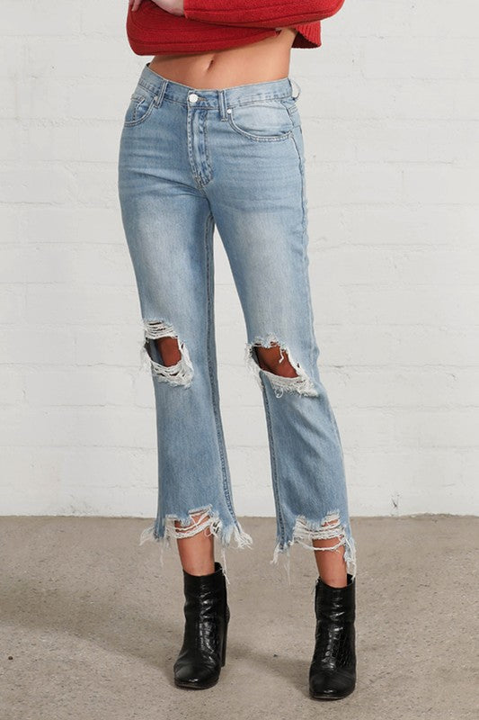 High Waist Ripped Frayed Hem Straight Jeans-JazziAnn 