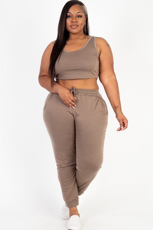 Plus French Terry Cropped Tank Top & Joggers Set-JazziAnn 
