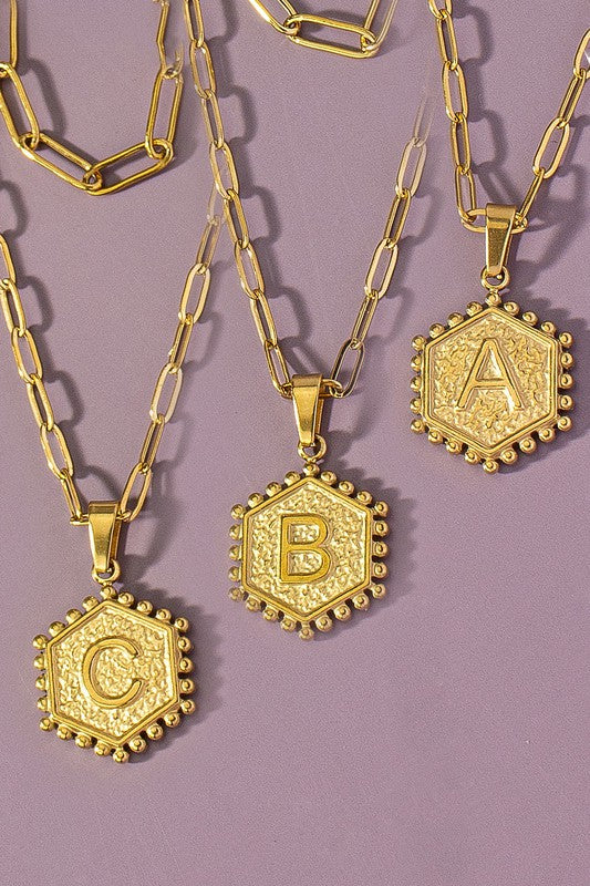 2 row brass double sided hexagon initial necklace-JazziAnn 
