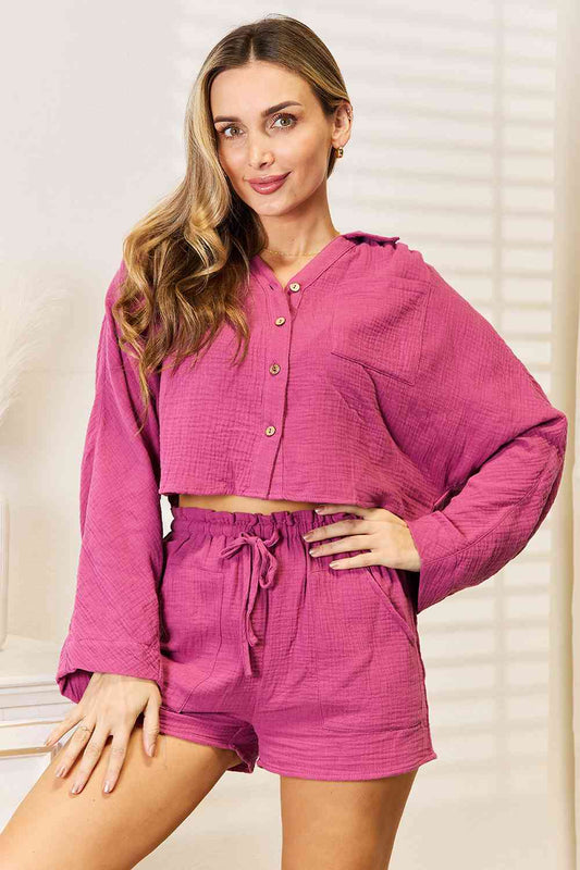 Basic Bae Buttoned Long Sleeve Top and Shorts Set-JazziAnn 
