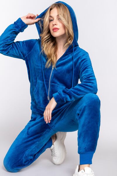 ACTIVE BASIC Faux Fur Zip Up Long Sleeve Hoodie and Joggers Set-JazziAnn 