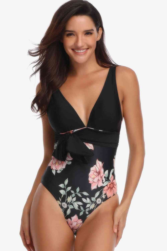 Floral Tied One-Piece Swimsuit-JazziAnn 