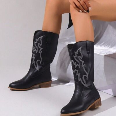 Embroidered Stitch Block Heel Cowboy Boots-JazziAnn 