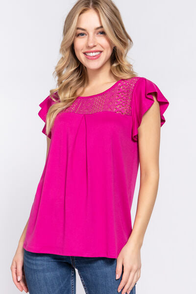 ACTIVE BASIC Ruffle Short Sleeve Lace Detail Knit Top-JazziAnn 