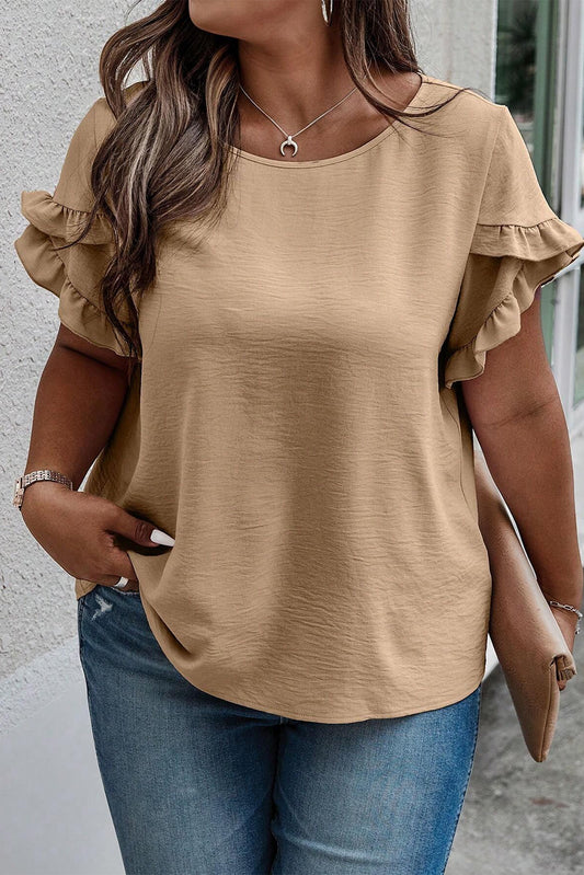 Plus Size Ruffled Petal Sleeve Round Neck T-Shirt-JazziAnn 
